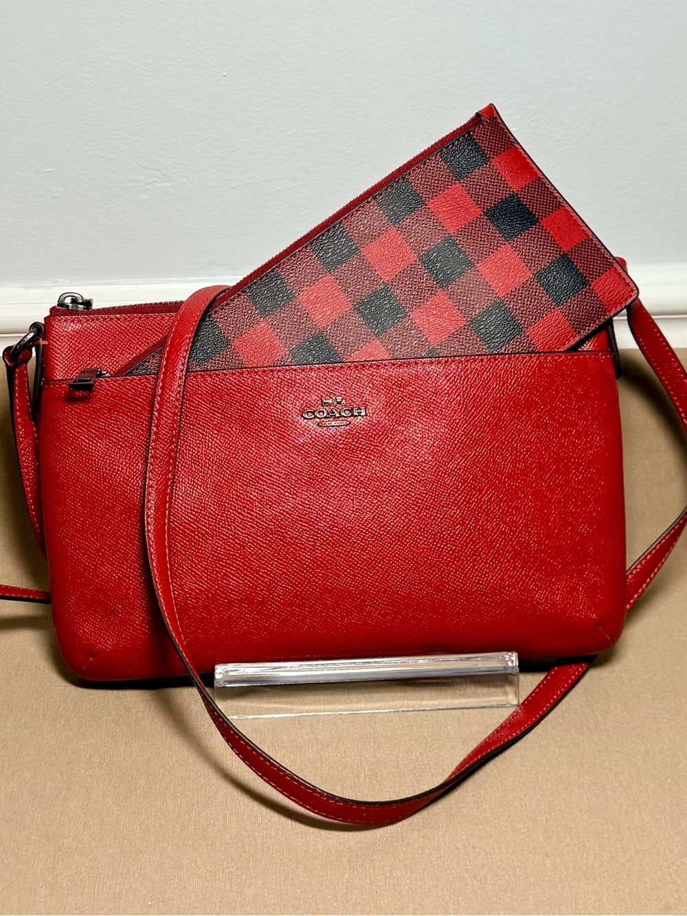 Coach Red Crossgrain Leather East/West PopUp Crossbody Bag | Buffalo Plaid Pouch